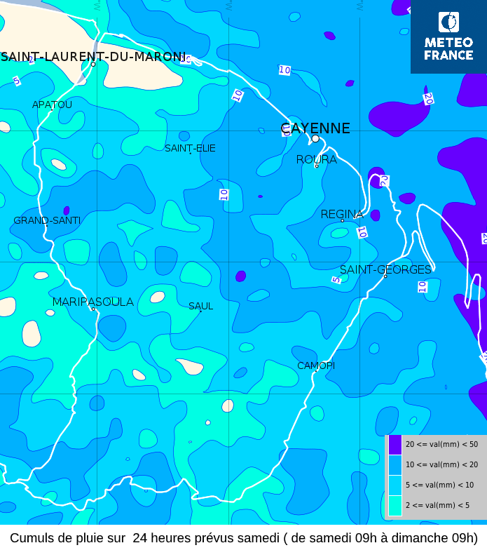 Cumuls de pluies prévus sur  24 heures pour la journée de samedi 10 décembre ( de samedi à 09 h à dimanche  à 09h)