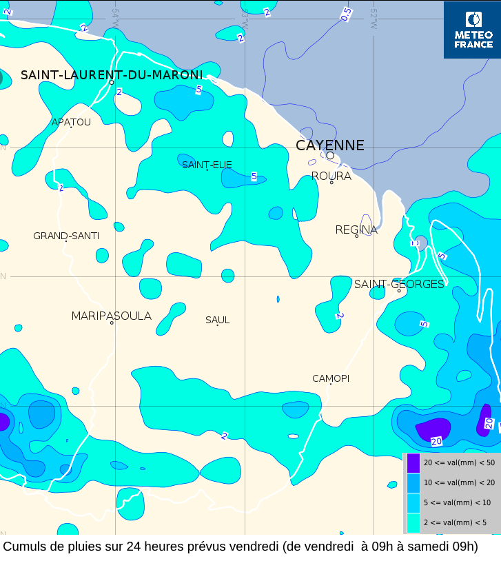Cumuls de pluies sur  24 heures prévus vendredi  (de vendredi à 09 h à samedi  à 09h)