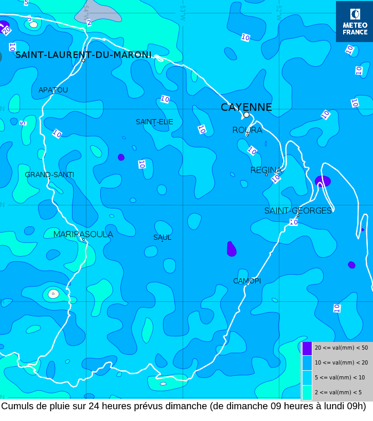 Cumuls de pluies sur  24 heures prévus dimanche (de dimanche à 09 heures à lundi  à 09h)