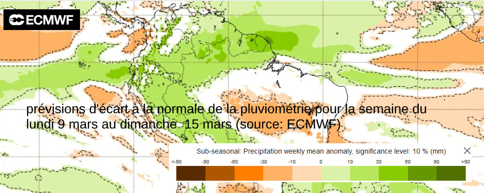 Ecarts à la normale de la pluviométrie prévue pour la semaine du 9 au 15 mars par le Centre Européen de Prévisions (ECMWF)
