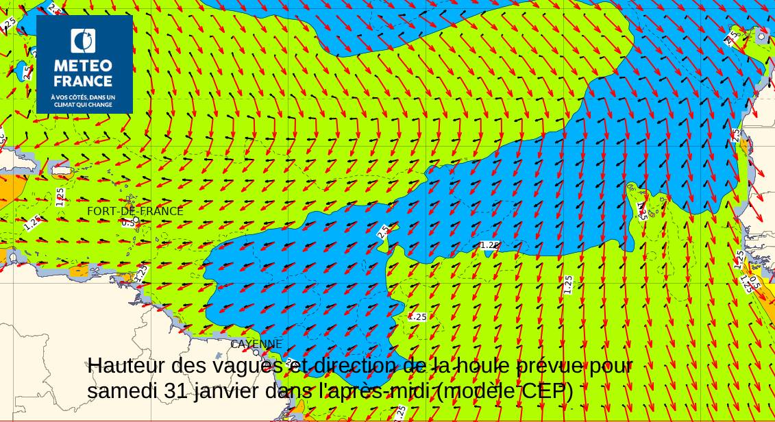 état de la mer prévu samedi après-midi avec des vagues de  2m50  au large