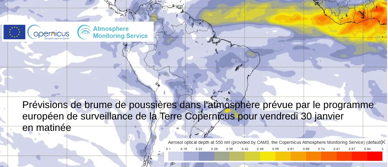 Prévisions de brume de poussières pour vendredi 30 janvier par le programme européen Copernicus