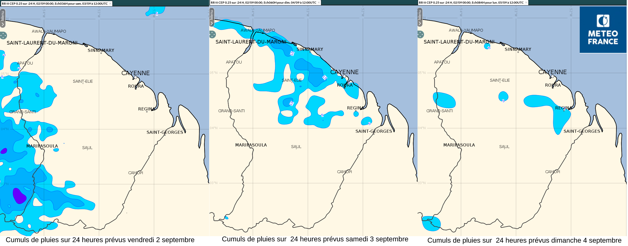 Cumuls de pluies prévus sur  24 heures pour vendredi, samedi et dimanche