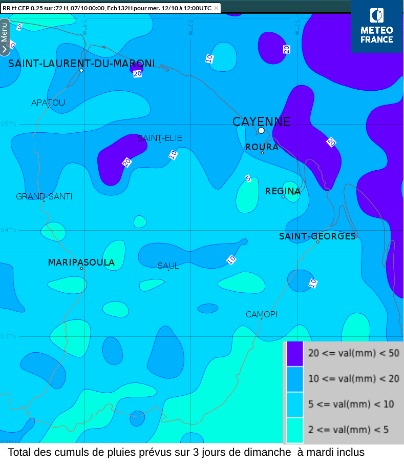 Cumuls de pluies prévus totalisés sur  3 jours de dimanche 9 octobre au mardi 11 octobre