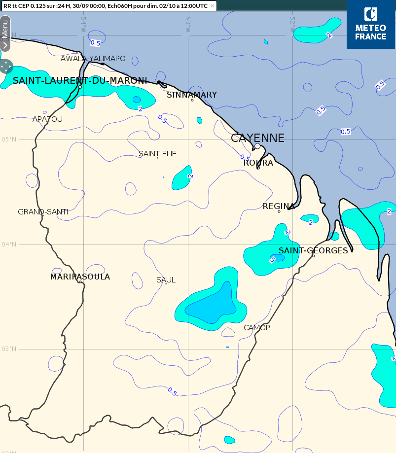 Cumuls de pluies sur 24 heures prévus pour la journée de samedi et la nuit de samedi  à  dimanche