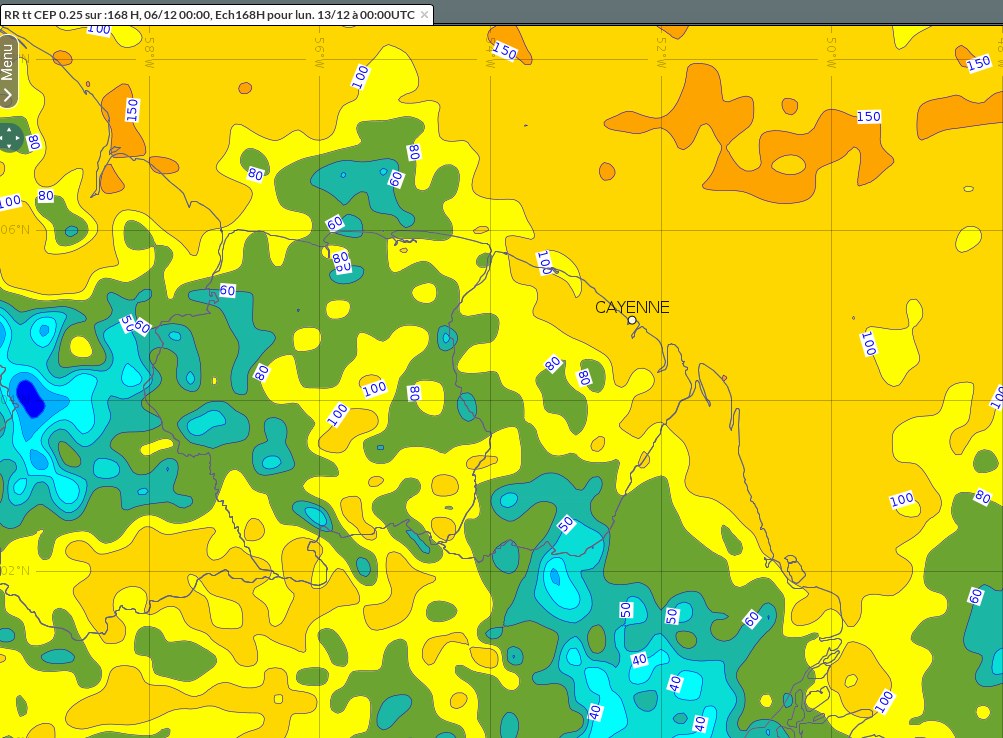 Total des cumuls de pluies prévus pour la période allant de lundi 6 décembre au dimanche  12 décembre (inclus).