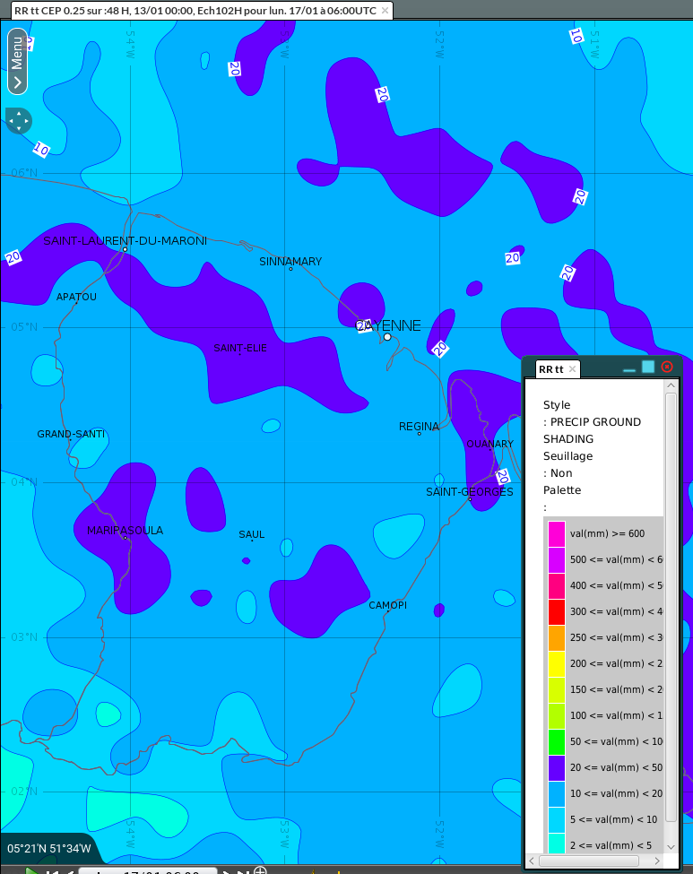 Cumuls de pluies prévus sur l'ensemble du week-end des  15 et 16 janvier.