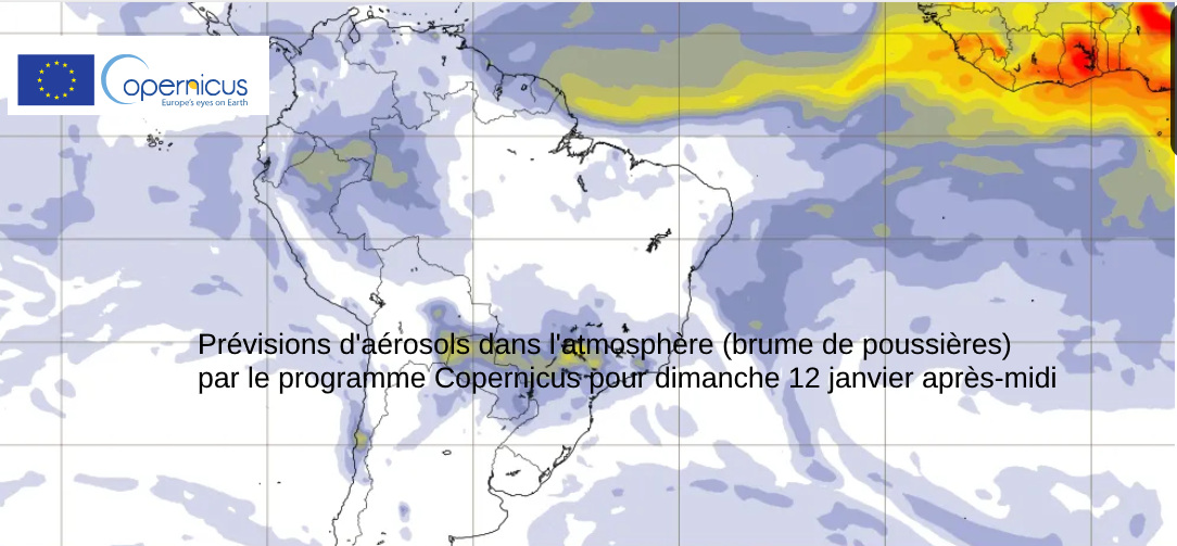 Prévisons d'aérosols dan sl'atmosphère pour dimanche  12 janvier  dans l'après-midi pae le programme Copernicus