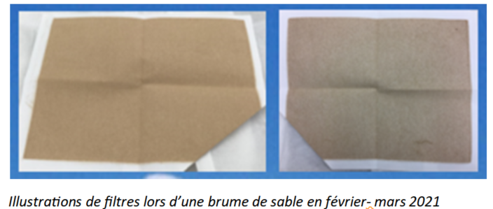 filtres récupérés lors d'un épisode de brume de poussières dense