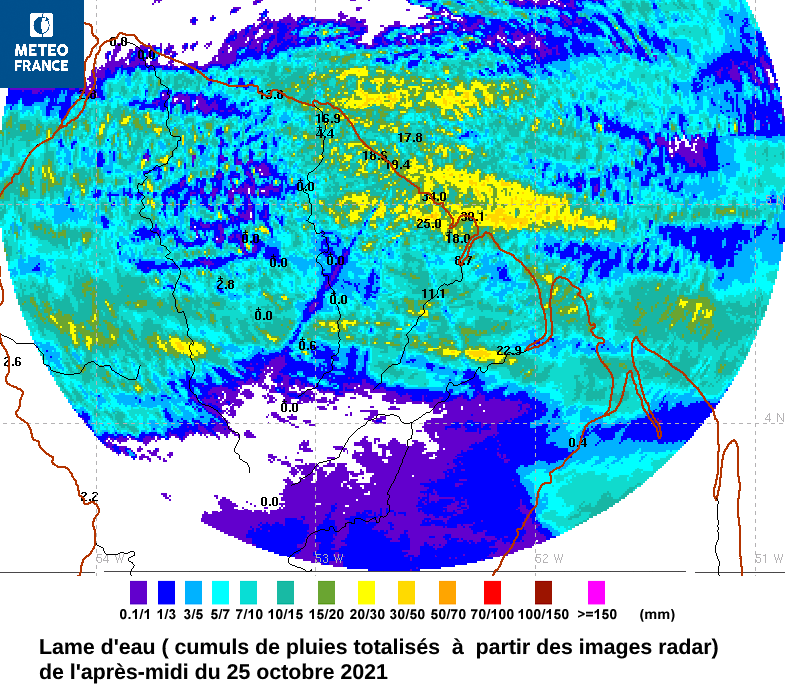 Cumuls pluvieux de l'après-midi du 25 octobre 2021