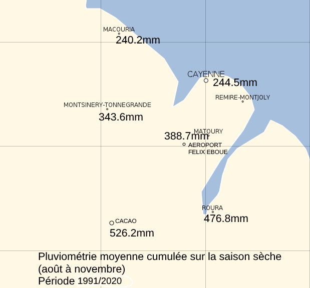 Pluviométrie moyenne cumulée sur la saison sèche (août  à novembre) à partir des normales  1991/2020