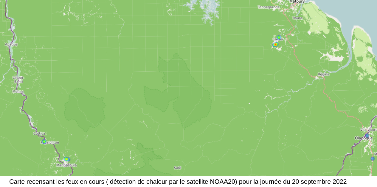 Carte montrant les feux d'abattis en Guyane pour la journée du 20 septembre 2022