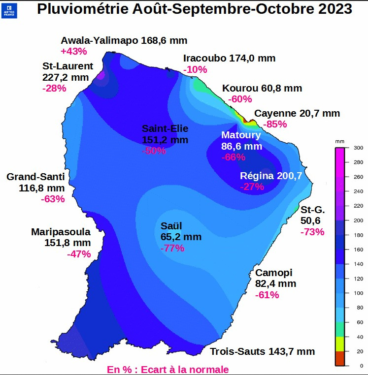 Carte de la pluviométrie cumulée sur  3 mois (août  à  octobre ) avec les écarts à la normale mesurés