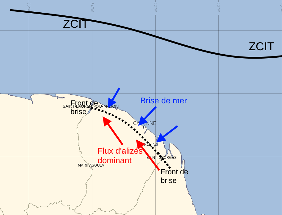 Illustration de la convergence des vents au niveau du front de brise