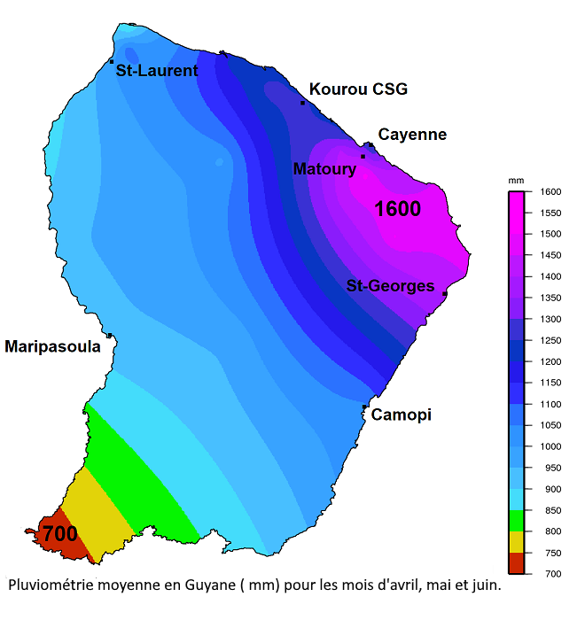 Cumul pluviométrique moyen pour les mois d'avril, mai et juin.