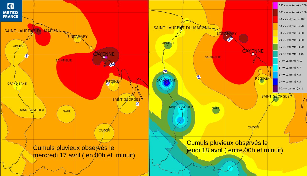 Cumuls pluvieux observés le  17 et le 18 avril
