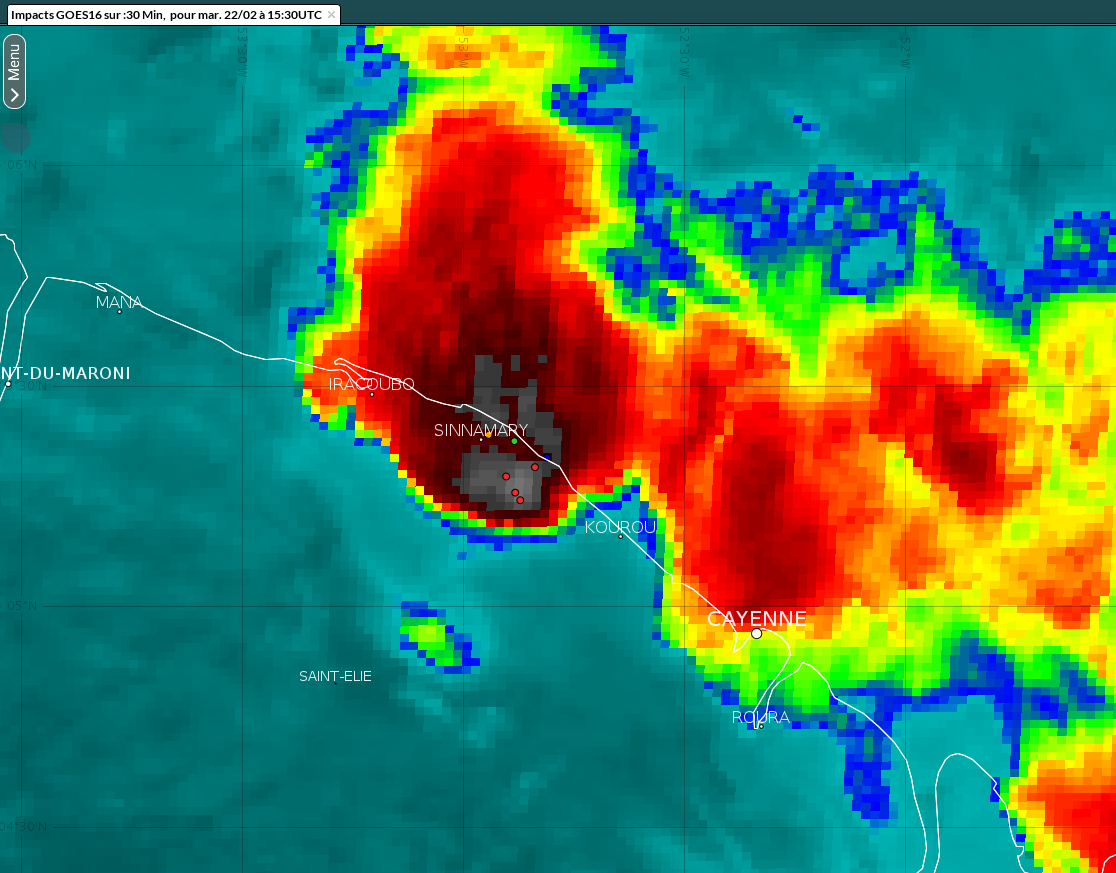 Image satellitaire et échos de foudre de l'orage de Sinnamary le 22 février