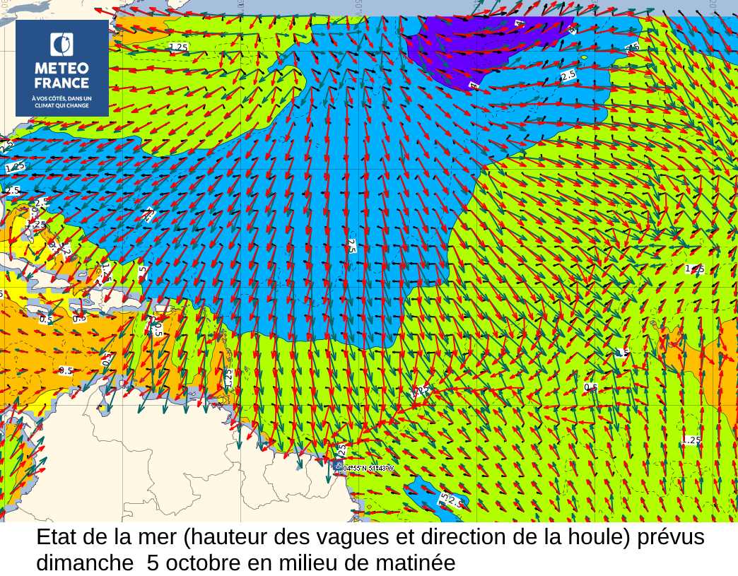 Etat de la mer ( hauteur des vagues et direction d ela houle) prévus dimanche 5 octobre en milieu de matinée