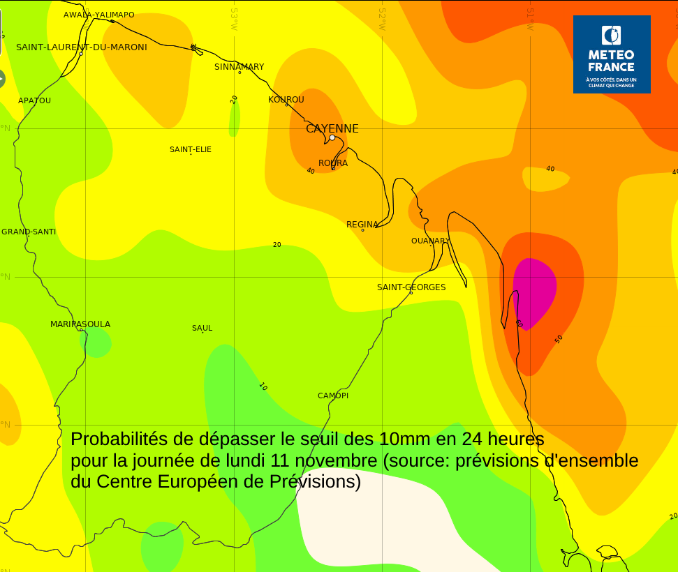 Probabilités de dépasser le seuil des 10mm en 24 heures pour la journée de lundi 11 novembre