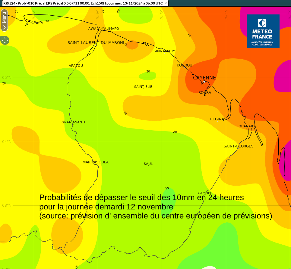 Probabilités de dépasser le seuil des 10mm en 24 heures pour la journée de mardi 12 novembre (source centre Européen de Prévisions)