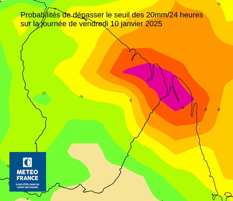 ​Probablités de dépasser le seuil des 20mm/24 heures pour la journée de vendredi 10 janvier par la prévision d'ensemble du Centre Européen de Prévisions