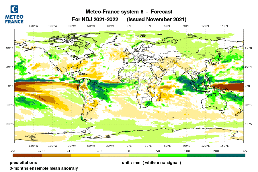 Prévisions saisonnières d'anomalies de précipitations pour la période novembre, décembre, janvier