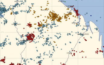 Carte récapitulatif des impacts d'orage de ce premier week-end de juillet sur la Guyane