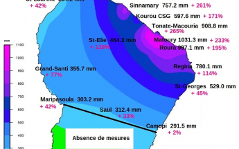 Carte de la pluviométrie mensuelle de février montrant le caractère exceptionnel des pluies sur le nord-est guyanais et une bonne partie du littoral
