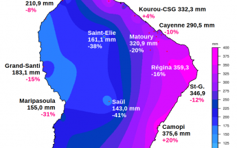 Carte représentant la pluviométrie de mois de janvier  2025 en Guyane avec écarts à la normale