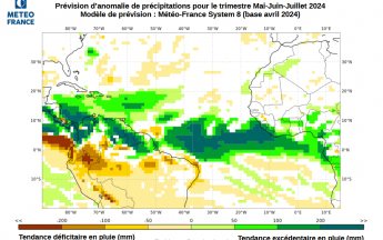 Carte d'anomalies de précipitations trimestre mai-juin-juillet 2024