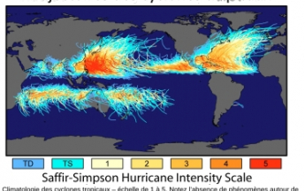 Trajectoires des systèmes tropicaux sur chaque bassin océanique. A noter, l'absence de circulation à proximité de l'équateur