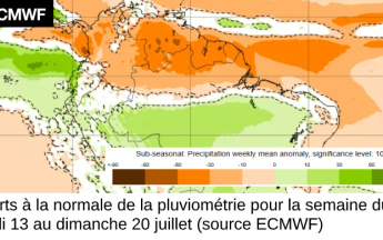 Prévisions d'écart à la normale de la pluviométrie pour la semaine du 13 au 19 juillet (source ECMWF), la pluviométrie sur la Guyane s'annonce plus faible que la normale