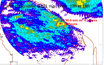 Cumuls observés par le radar entre 12 et 18h le  31 mai 2026, secteur de Roura entouré de rouge avec 90.5mm relevés osu un fort orage