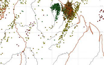 Impacts orageux du 29 juin montrant la forte activité orageuse entre Cacao et Cayenne le  29 juin en soirée.