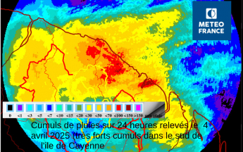 image radar montrant les très forts cumuls observés dans le secteur de Roura le  4 avril 2025