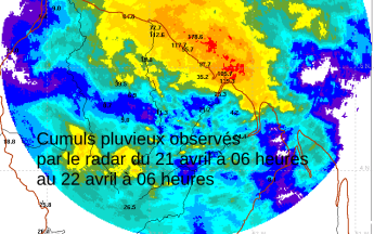Cumuls pluvieux du 21 avril estimés par le radar du CSG