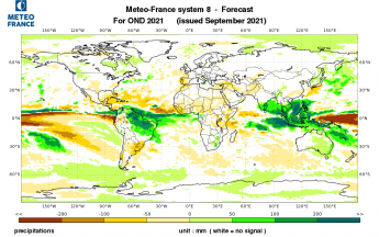 Carte montrant l'excédent de précipitations attendu sur la Guyane sur la période d'octobre  à décembre 2021
