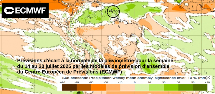 Prévisions d'écart  à  la normale de la pluviométrie pour la semaine du 14 au 20 juillet 2025 (source ECMWF)