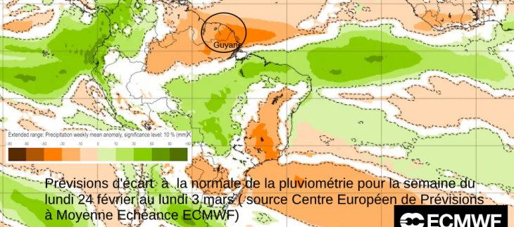 Prévisions d'écart  à  la normale de la pluviométrie pour la semaine du 24 février au 3 mars (source ECMWF)