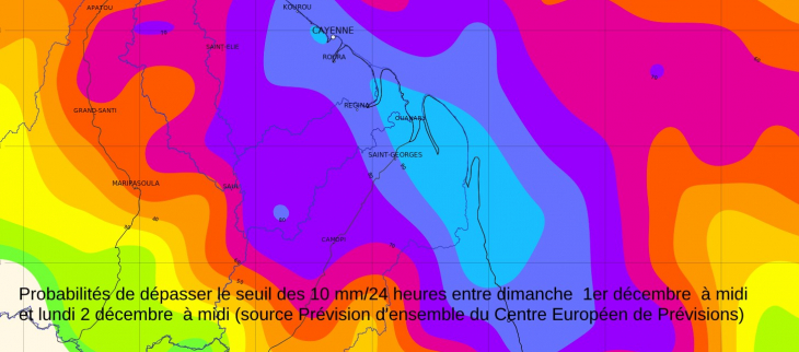 Probablitiés de dépasser le seuil des 10mm/24h entre dimanche 1er décembre à midi et lundi 2 décembre  à midi (source prévision d' ensemble du centre Européen de Prévisions)(