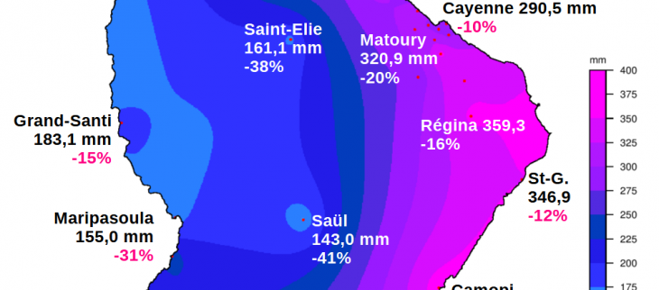 Carte représentant la pluviométrie de mois de janvier  2025 en Guyane avec écarts à la normale
