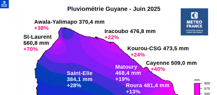 Carte représentant la pluviométrie de mois de juin 2025 en Guyane avec écarts à la normale