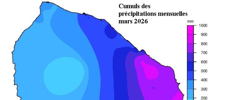 Cumuls mensuels des pluies de mars 2026 en Guyane