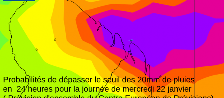 Probabilités de dépasser le seuil des 20mm en 24 heures pour la journée de mercredi 22 janvier