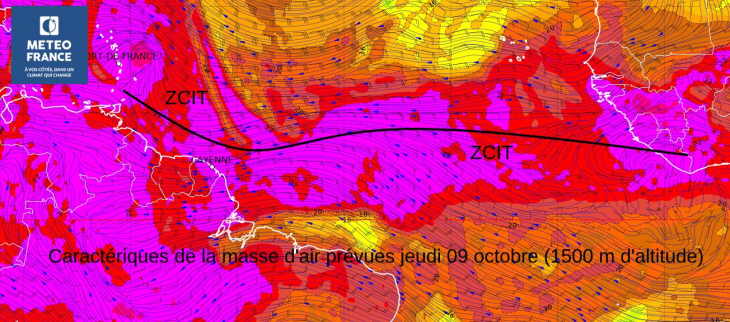 Carte illustrant la position basse en latitude de la ZCIT prévue pour jeudi 9 octobre