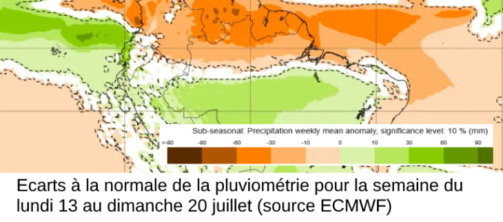 Prévisions d'écart à la normale de la pluviométrie pour la semaine du 13 au 19 juillet (source ECMWF), la pluviométrie sur la Guyane s'annonce plus faible que la normale
