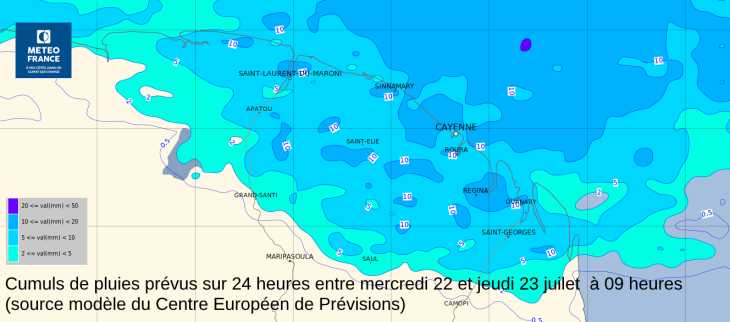 Cumuls de pluies prévus sur  24 heures de mercredi 22 à jeudi 23 juillet