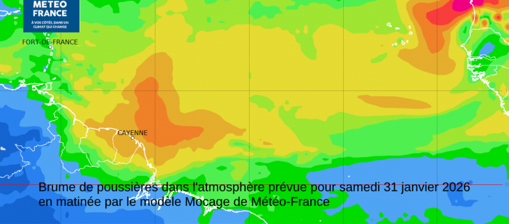 Illustration de l'arrivée de la brume de poussières en fin de semaine (modèle Mocage de Météo-France)