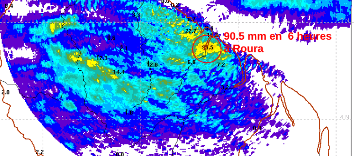 Cumuls observés par le radar entre 12 et 18h le  31 mai 2026, secteur de Roura entouré de rouge avec 90.5mm relevés osu un fort orage