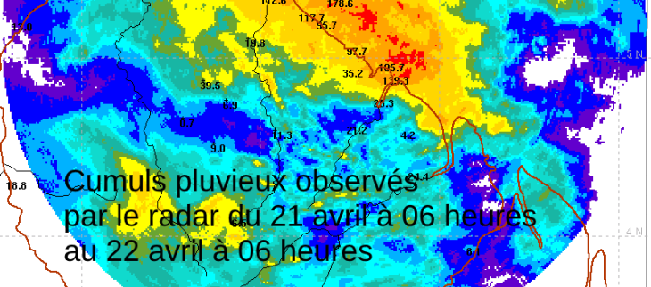 Cumuls pluvieux du 21 avril estimés par le radar du CSG